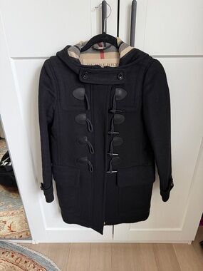 Burberry Black Wool Toggle Pea Coat with Beige Check Lining